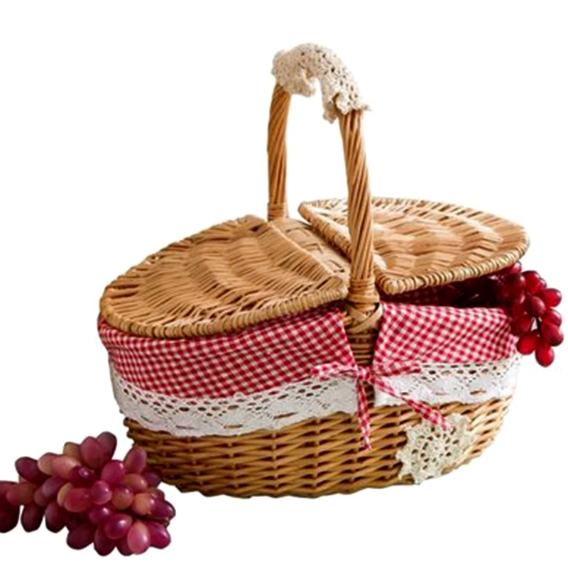 Practical Hand Made Wicker Basket Wicker Camping Picnic Basket Shopping Storage Hamper and Handle Wooden Color Wicker Picnic