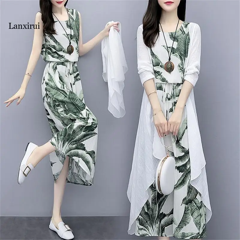 

Spring Cotton And Linen Dress Suit Summer Loose National Style Printed Women's Elegant Dress Two-piece Set