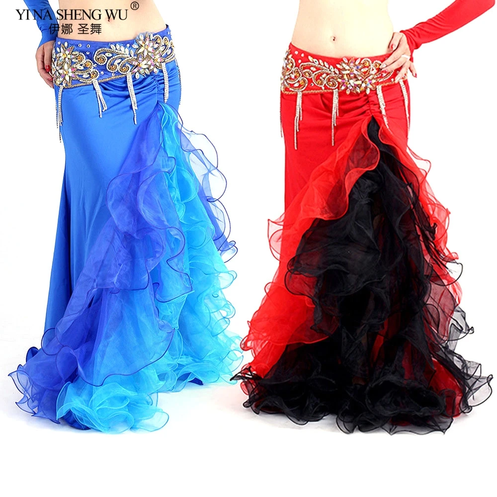 Nuovo Costume di Bellydance Side Split Pannello Esterno Con Doppio Colore di Danza Del Ventre Prestazioni A Lungo del Pannello Esterno Dell'increspatura Dei Vestiti Della Fase di Usura Adulto