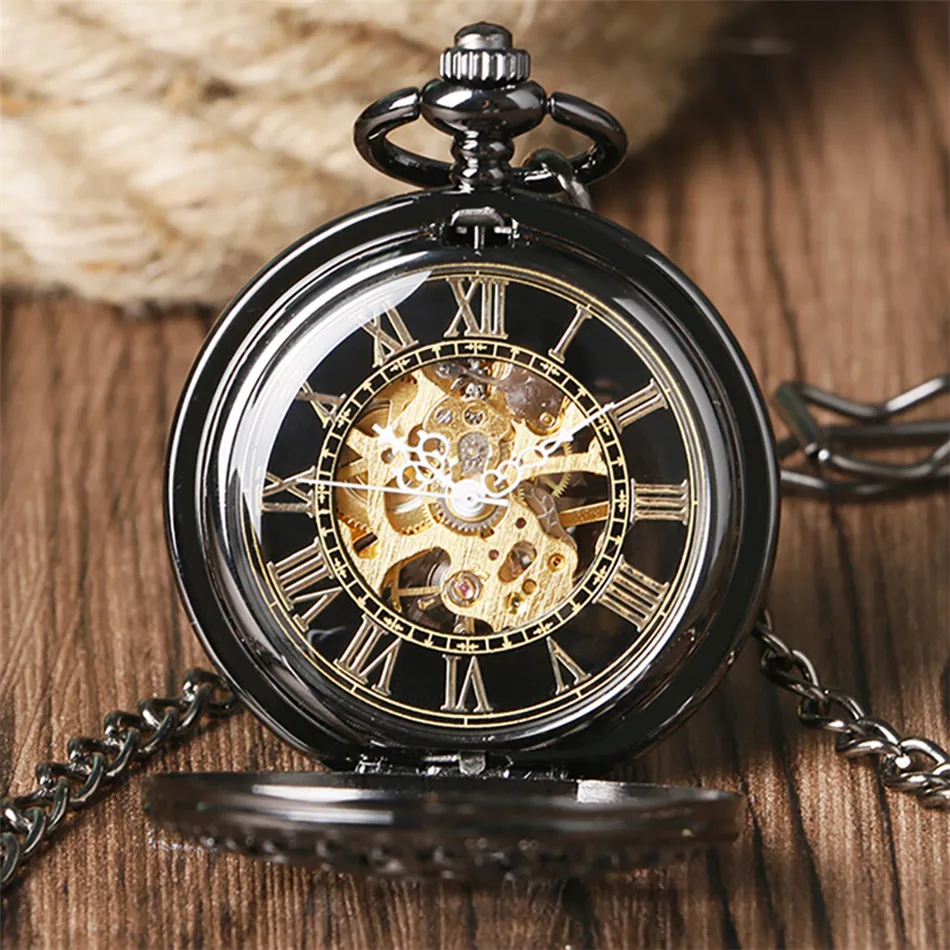 Hollow Spider Web Double Hunter Mechanical Hand Winding Pocket Watch Gold Skeleton Roman Numerals Display Manual Pendant Watch