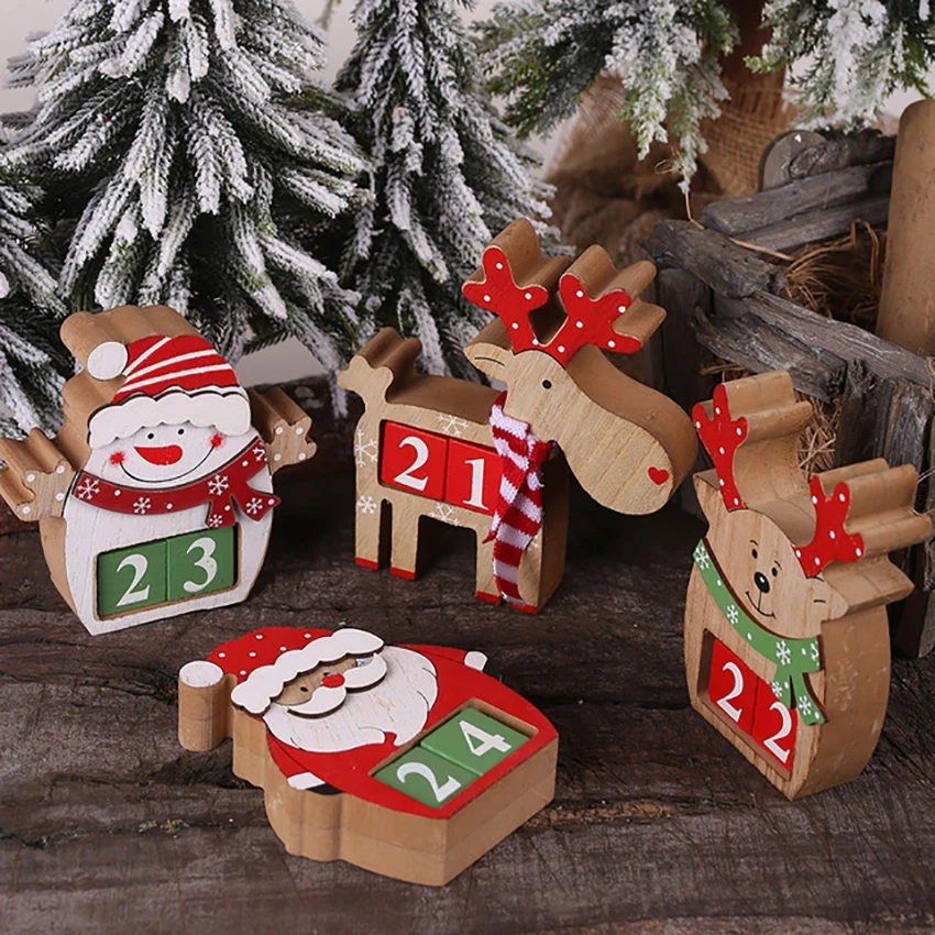 Merry Christmas Count Down Advent Calendar Blocks, Days Until Christmas, Wooden Snowman Old Man Elk Ornaments Decoration