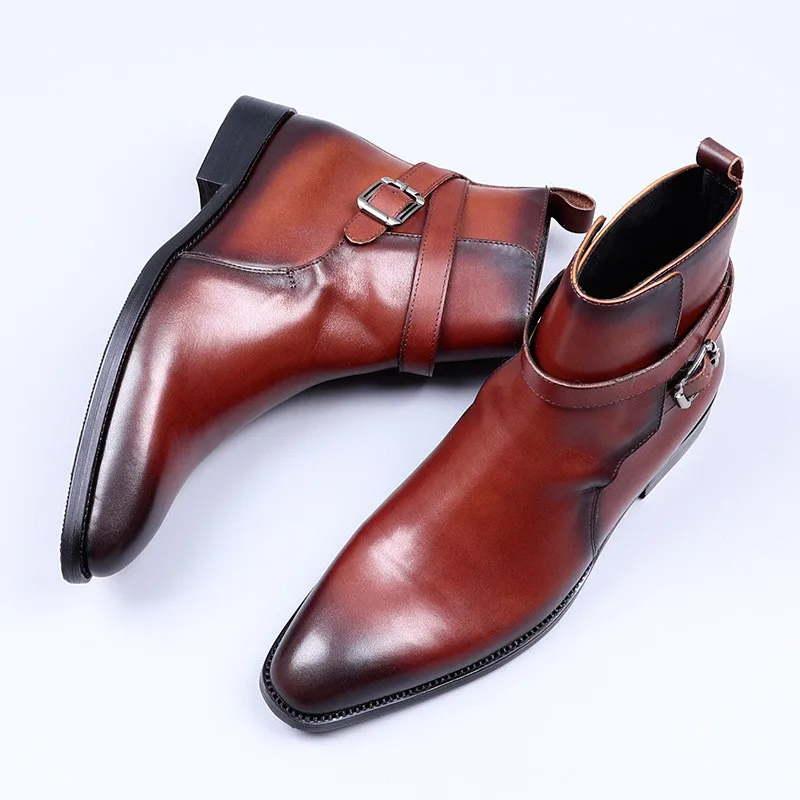 

New Men's Genuine Leather Boots Pointed Toe Buckle High-Top Men Shoes British Male comfortable Business Office Work Boots