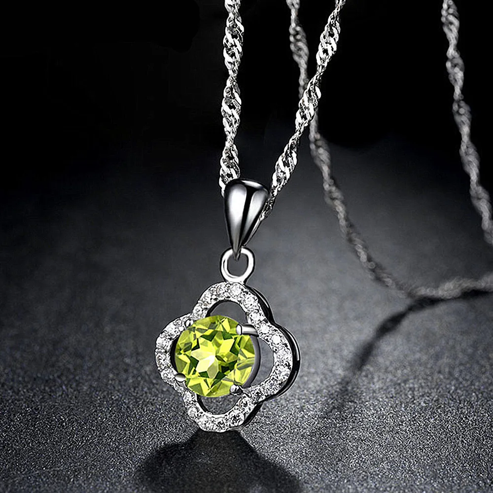 Fashion lucky clover olive crystal peridot gemstones diamonds pendant necklaces for women white gold silver color choker jewelry
