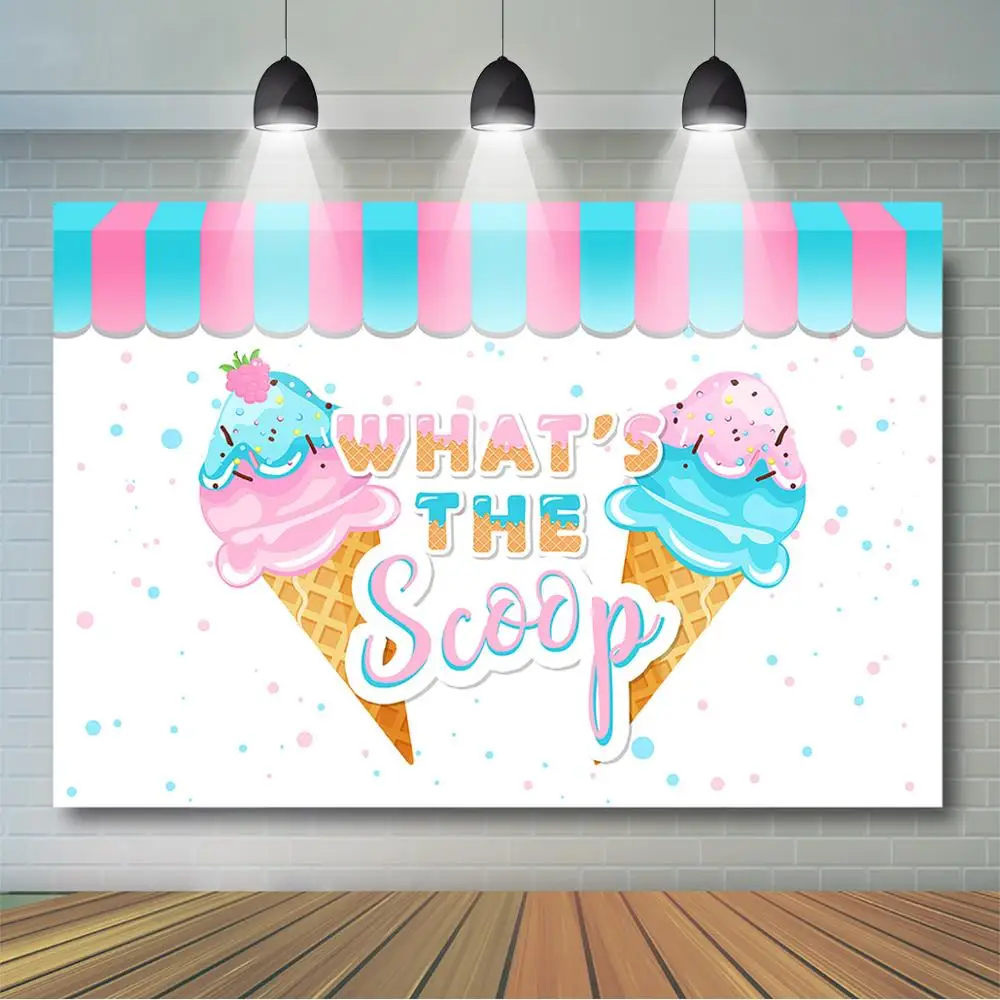 

Mocsicka Ice Cream Baby Shower Backdrop Boy or Girl Gender Reveal Party Decor Pink or Blue What's The Scoop Background