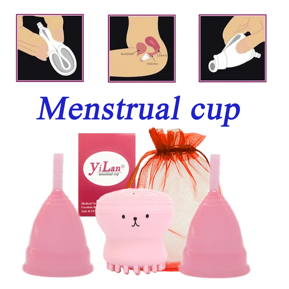 

2 Pcs Hot Selling Medical Silicone Menstrual Cup Feminine Copa Menstrual Physiological Cup Gram Reusable & Face Wash Brush