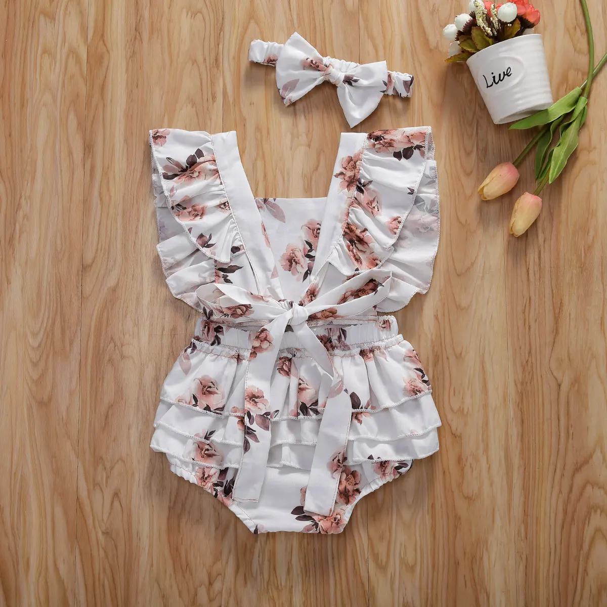 Summer Clothing Infant Newborn Baby Girl Floral Romper Girls Sleeveless Ruffled Jumpsuits With Baby Headband