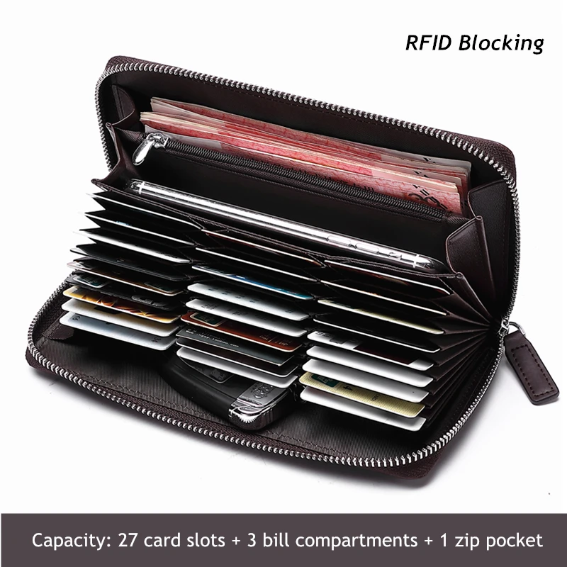 BISON DENIM Genuine Leather Men\'s Wallet RFID Blocking Long Purse Coin Case Passport Cover For Mens Credit Card Holder W8226