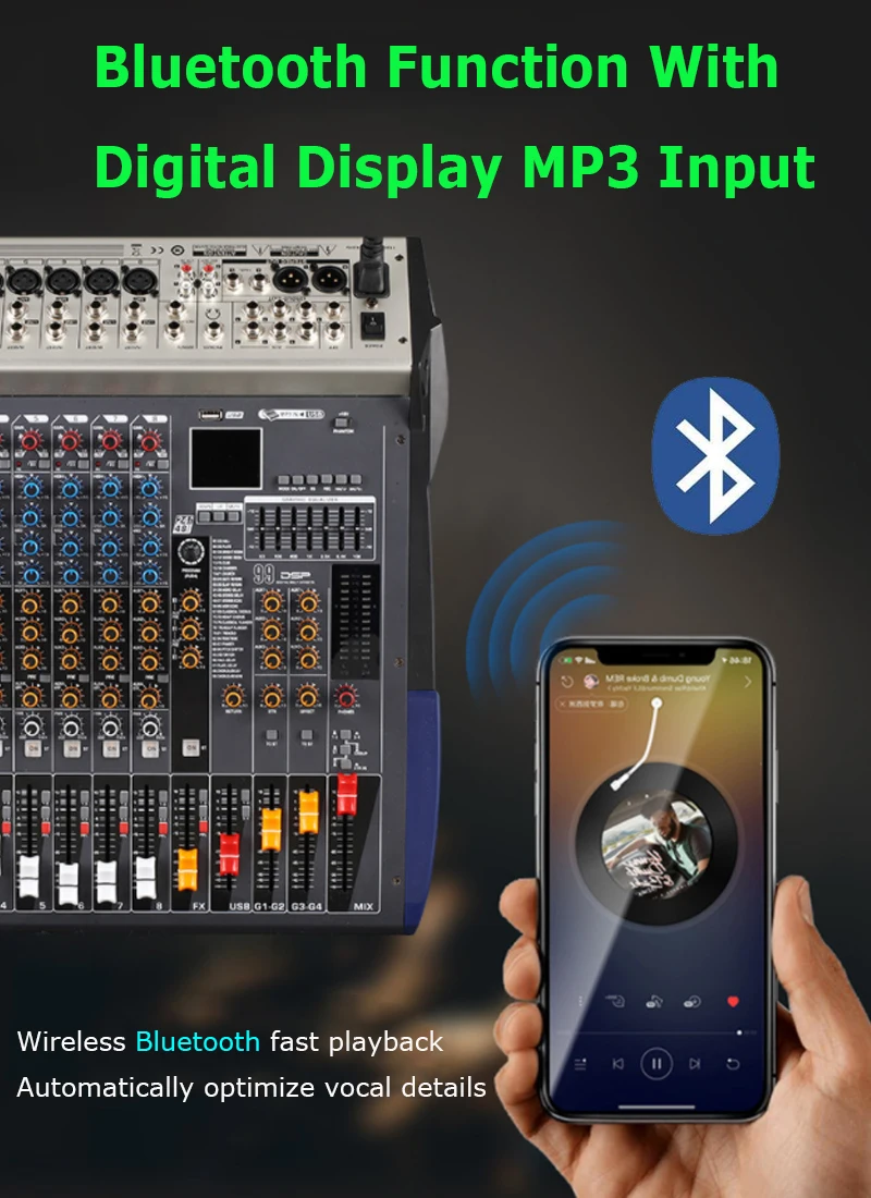 8 Channel Audio Digital Mixer Sound Mixing Console with Bluetooth USB 99 DSP Effect +48V Phantom Power DJ Studio Stage Equipment