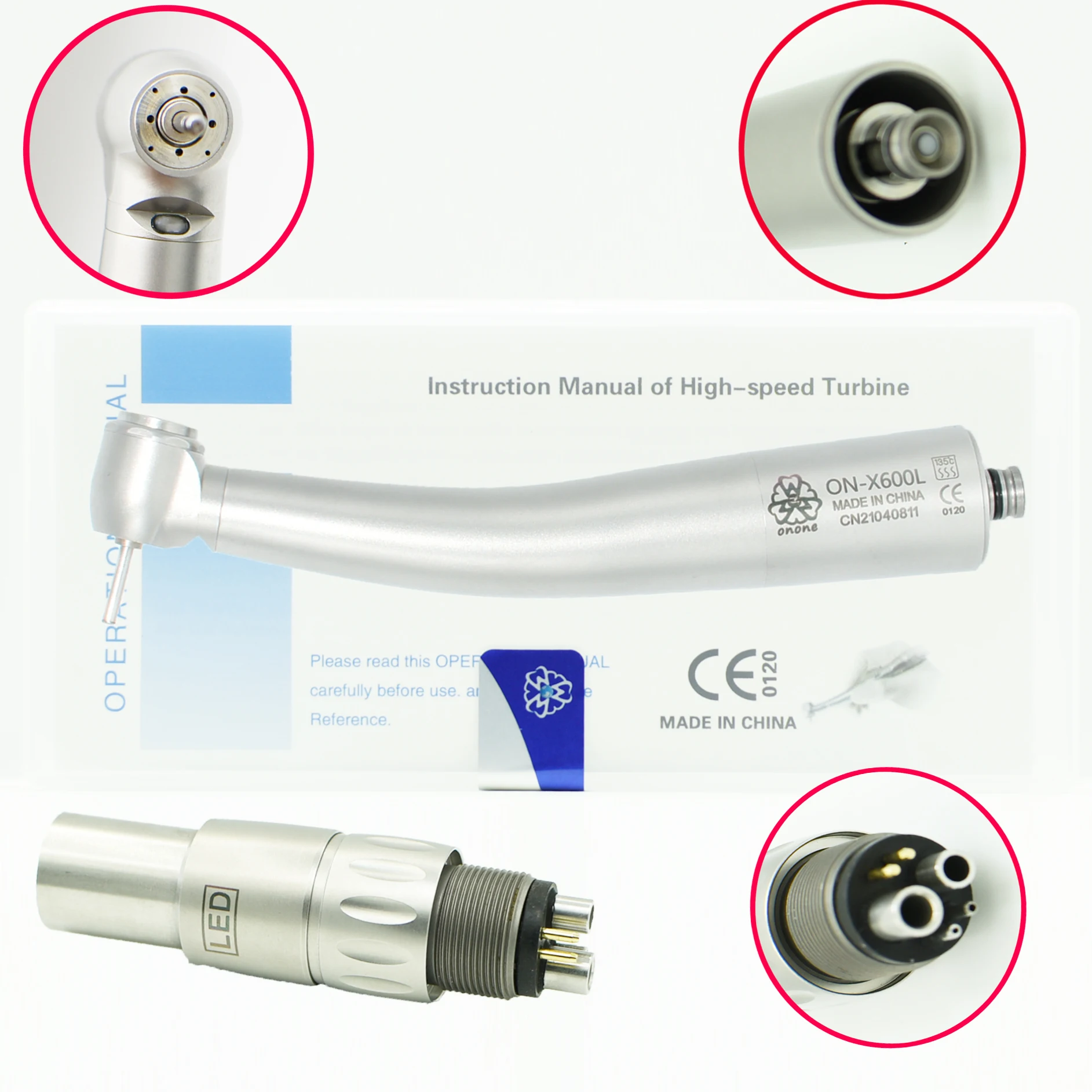 

Dental High Speed Handpiece X600L Ceramic Bearing Air Turbine Standard Head With Optic Fiber for Lab Equipment