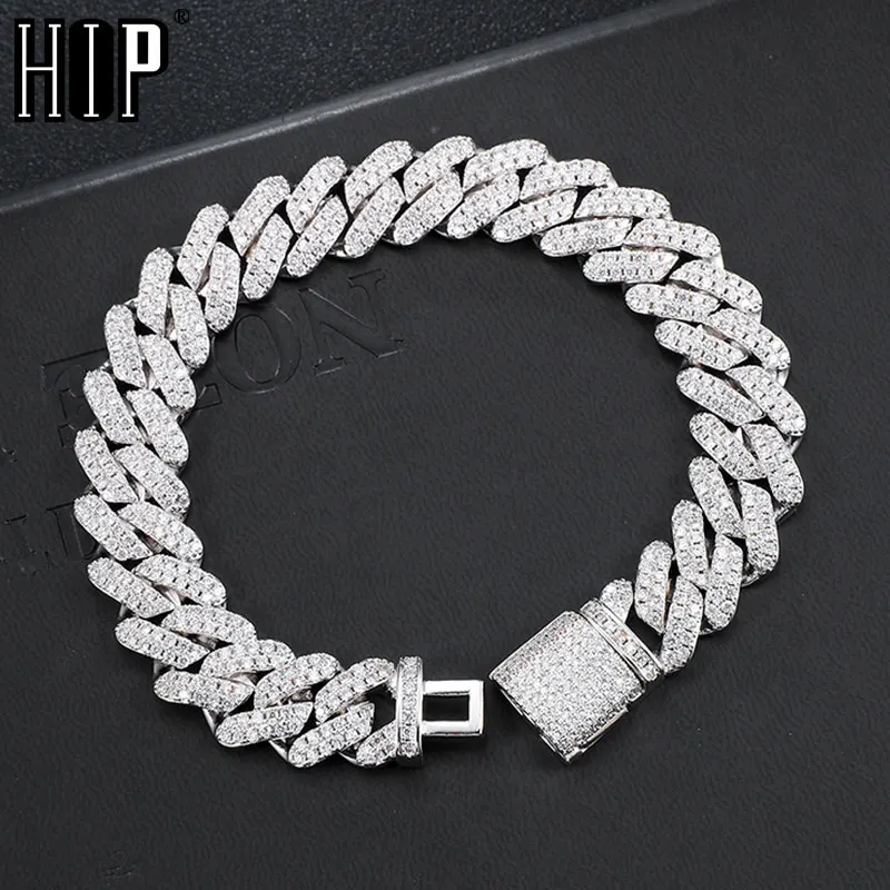 Hip Hop Heavy Iced out 12MM Big Box Buckle Cuban Prong Chain AAA+ Cubic Zirconia Stones Bracelet For Men Jewelry With Solid Back