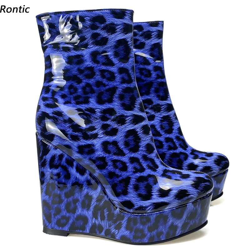 

Rontic Handmade Women Winter Platform Ankle Boots Unisex Patent Wedges Heels Round Toe Sexy Leopard Cosplay Shoes US Size 5-20