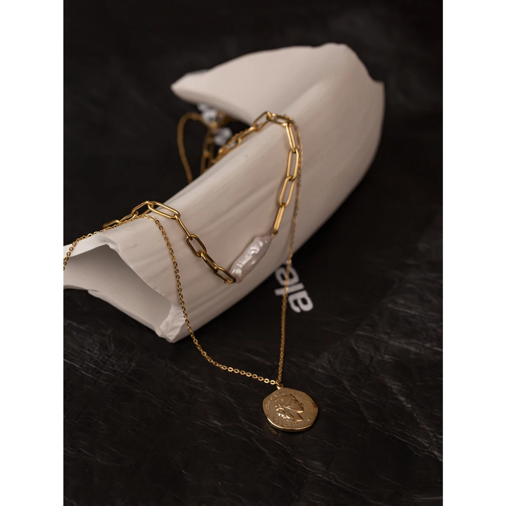 Yhpup New Stainless Steel Chain Layered Necklace Fashion Coin Portrait Necklace for Women Elegant Natural Pearl Jewelry Gift
