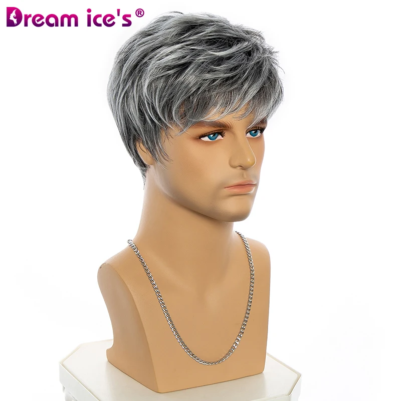 Short Mixed Gray Synthetic Natural Curl Wave Hair Wigs With Bangs For Male Young Men Short Pixie Cut Heat Resistant Cosplay Wigs