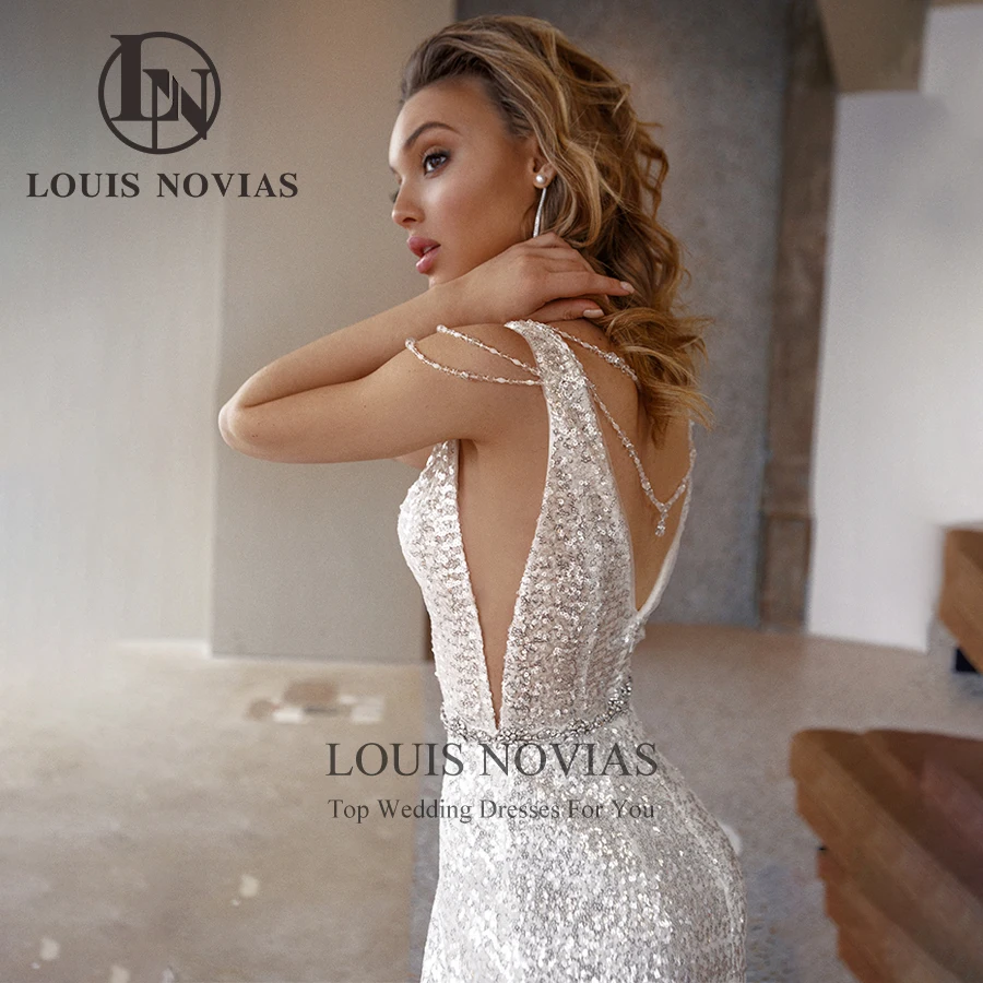

LOUIS NOVIAS Mermaid Wedding Dresses For Women Glitter Sequined Sparkling Tulle 2 In 1 Detachable Train Deep Vestidos De Novia