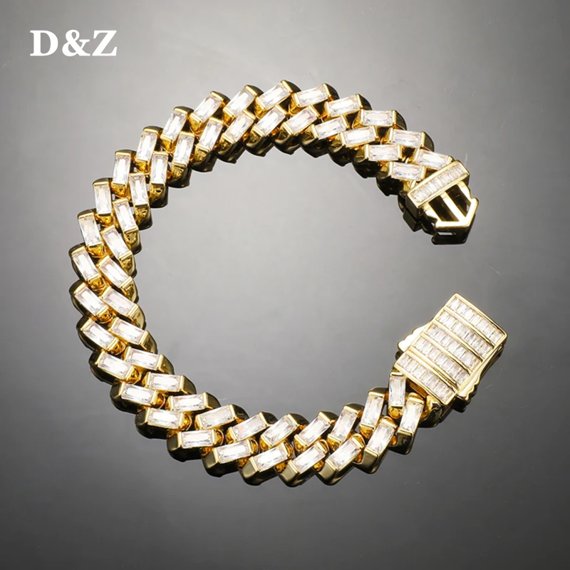 

D&Z New 13mm Baguette Cuban Link Bracelet Spring Buckle Iced Out Bling AAA Baguette Stones For Men Women Jewelry