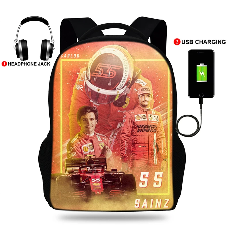 USB Charger School Bags for Teenage Boys &Girls F1 Racer F1 Formula World Champion Print Backpack Mens Laptop  Travel Rucksack