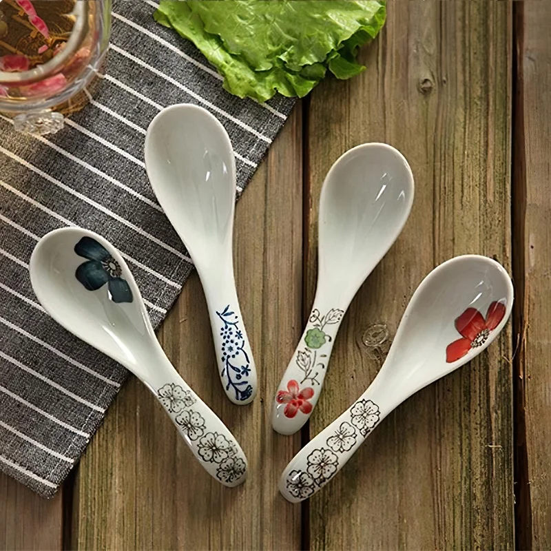 14.5*4cm Ceramic Spoon Japanese-style Underglaze Blue Red Flower Soup Scoop Dinnerware Household Kitchen Supplies Tableware