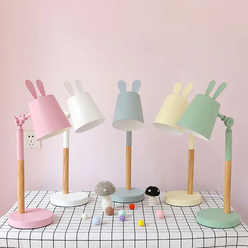 

Modern Pink Rabbit Table Lamps for Living Room Kids Children Bedroom Iron Wood Desk Lamp Bedside Stand Light Fixtures Home Decor