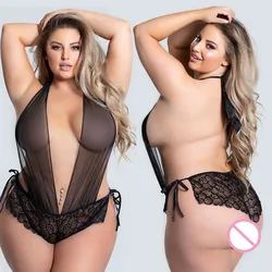 5XL artı beden kadın dantel Bodysuit seksi iç çamaşırı pijama örgü dantel çiçek şeffaf Teddies Catsuit erotik seks kostümü