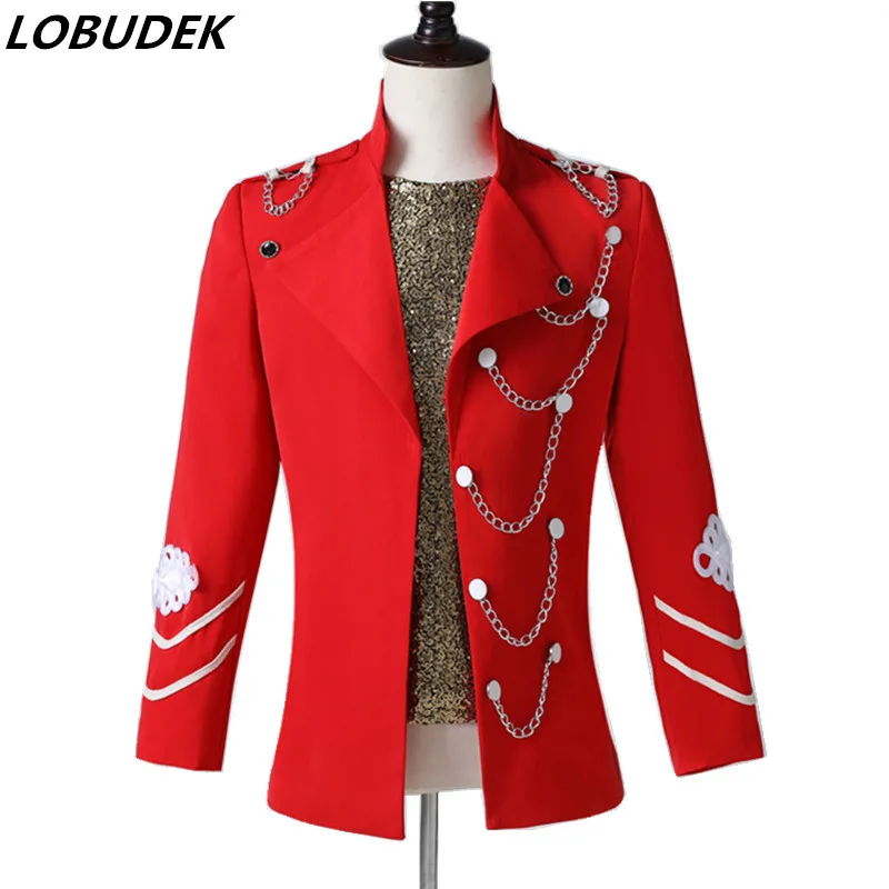 

Punk Men Singer Guest Red Chain Blazer Stage Costume Stand Collar Slim Fit Suit Jacket Bar Nightclub Concert Performance Coat