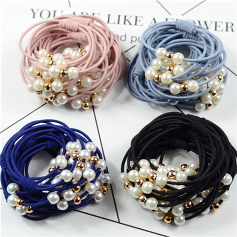 10pcs Basic Knot Pearls Elastic Hair Bands For Women Girls Solid Ponytail Holder Rubber Scrunchies Hair Accessories Wholesale