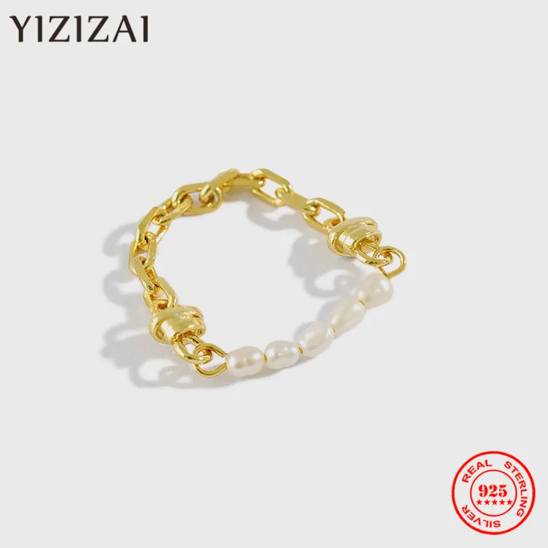 YIZIZAI Ins Small Natural Freshwater Pearl Rings for Women Real 925 Sterling Silver Link Chian Finger Ring Female Jewelry Gift