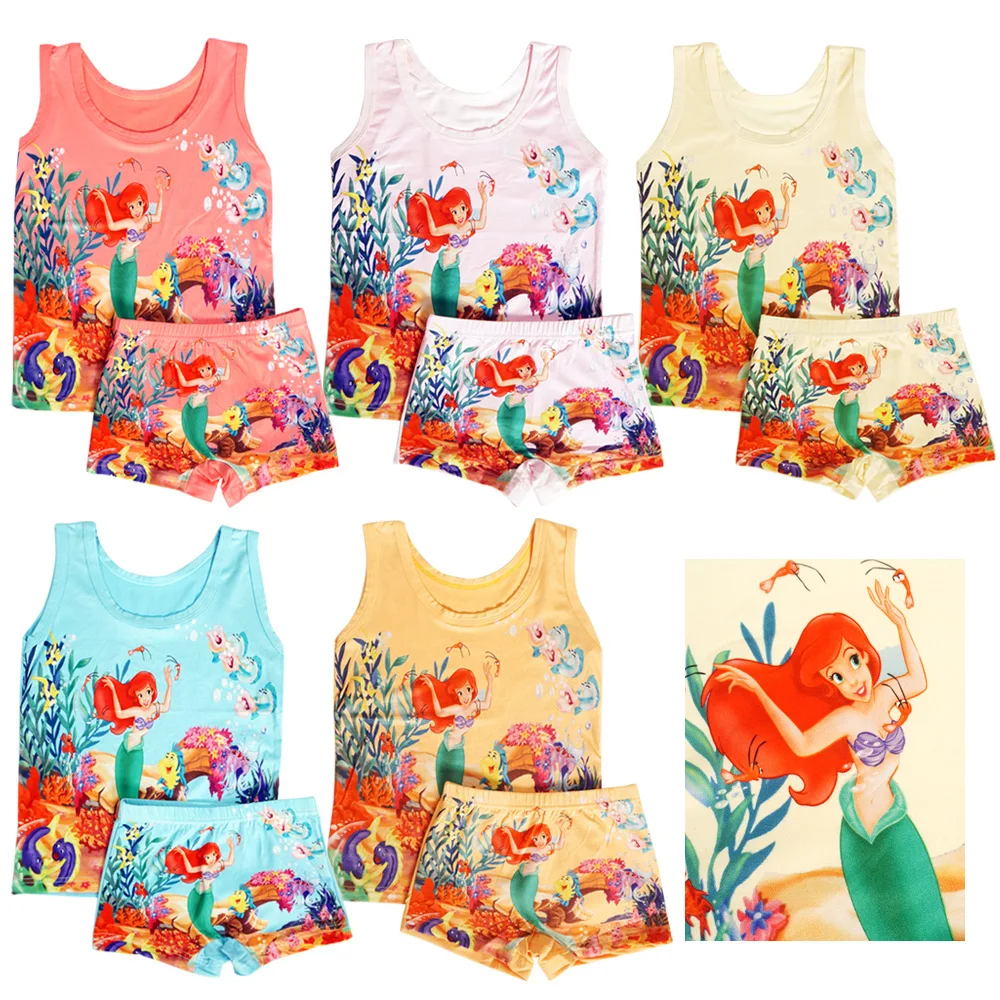 1set Hot Kids Clothing Girls Panties Summer Cartoon Sleeveless T-shirt Children Vest Mermaid Cotton T shirts Panties Briefs set