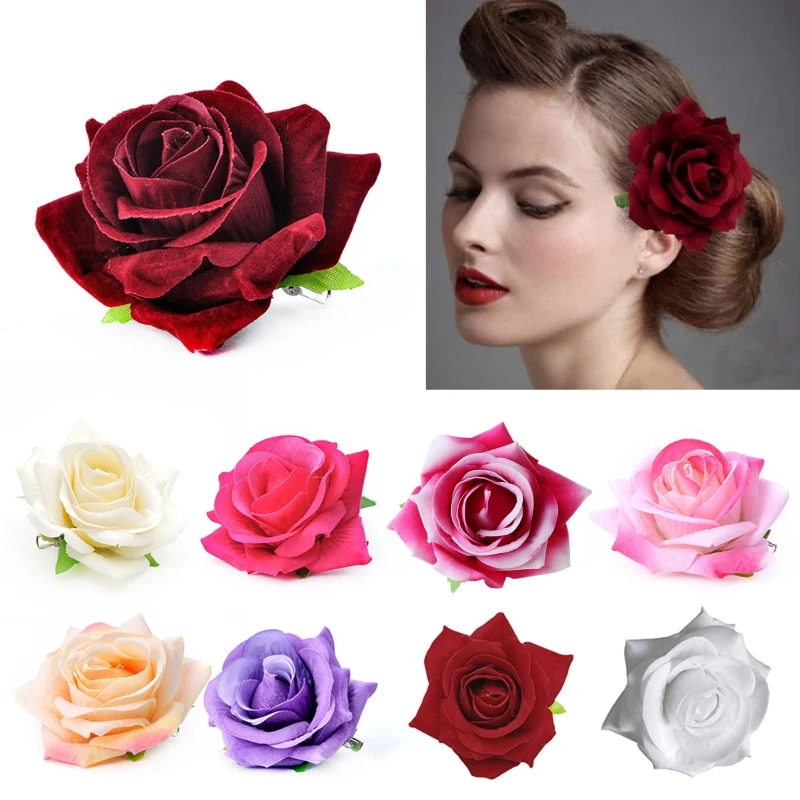 

Women Velvet Cloth Rose Hair Clip Simulation Artificial Flower Corsage Brooch Pin Wedding Party Flamenco Dancer Hair Accessories