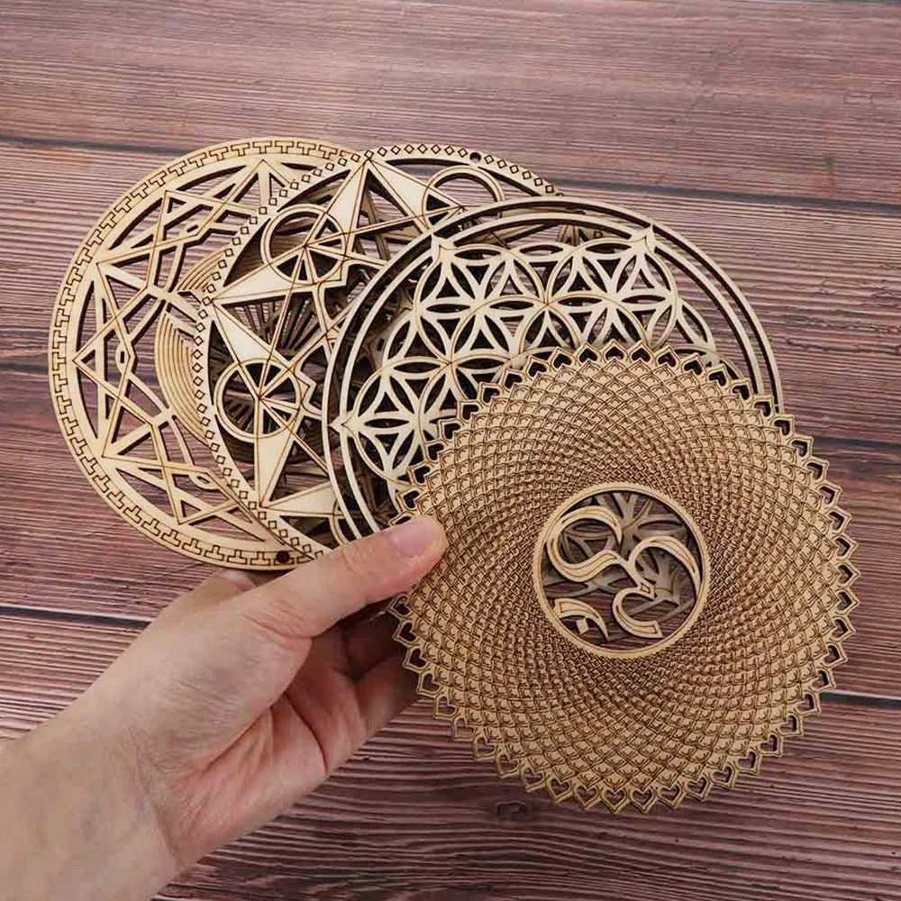 Natural Symbol Wood Chakra Flower of life Energy Mat Round Edge Circles Carved Coaster For Stone Crystal Set Kitchen Wall Decor