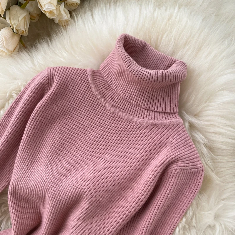 Sweter 2023 zimowy golf ciepły długi rękaw sukienka dzianinowa koreańska moda casualowa jednolita damska obcisła sukienka Midi — zdjęcie 6