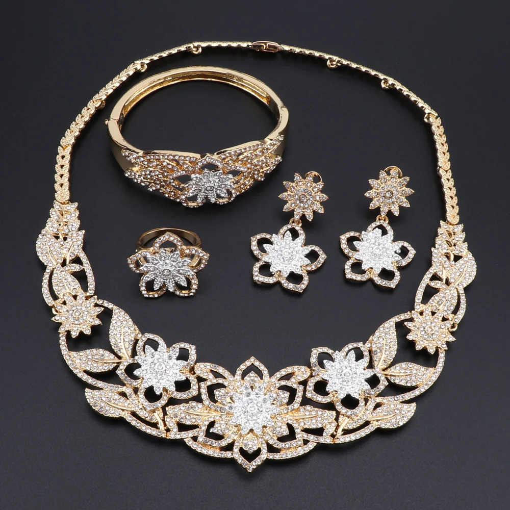 Exquisite Dubai Gold Color Necklace Earrings Bracelet Ring Nigerian Wedding Women Accessories Wholesale Statement Jewelry Set