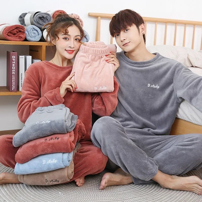 Coral Velvet Warm Couple Pajamas Winter Thick Flannel Lounge Wear Women Plus Size Loose Homewear Men O-Neck Casual Sleepwear Set