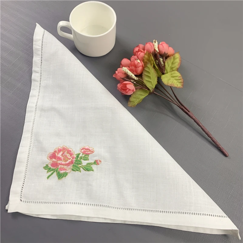 Set of 12 Handkerchiefs White Pure Ramie Cloth Fabric Table Napkins Hemstitched Border Embroidery Floral 18x18/20x20-inch Napkin