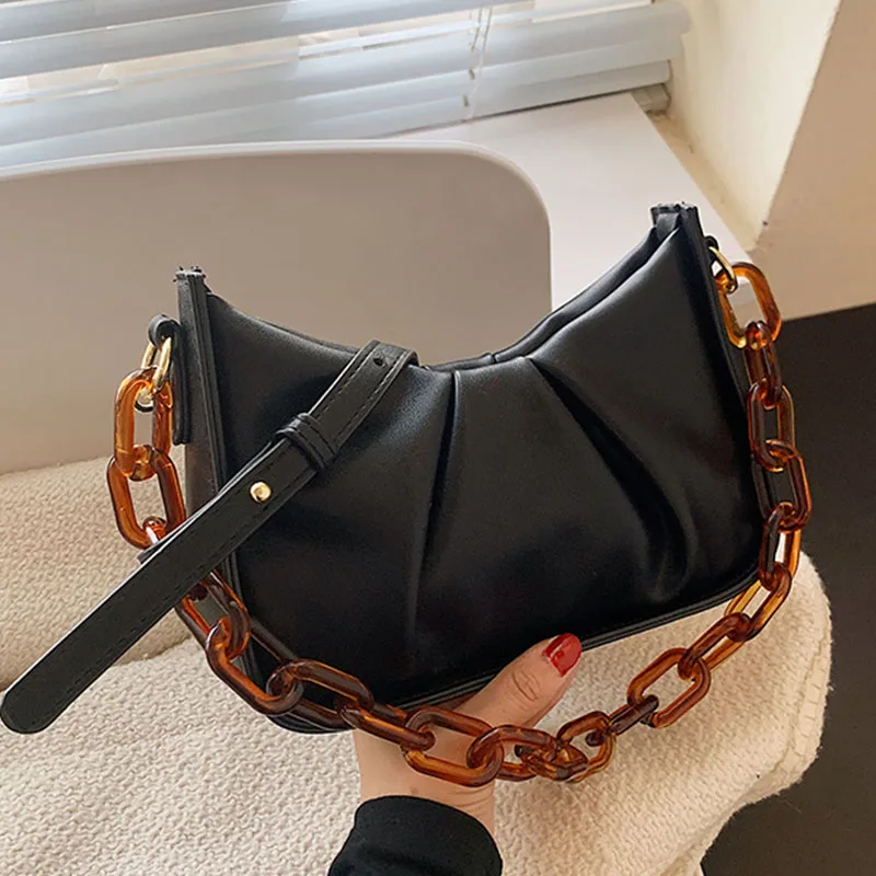 

Luxury Handbag And Purse 2021 Fashion Leather Vintage Small Shoulder Bag Chain Crossbody Bag Solid Color Armpit Women Bags