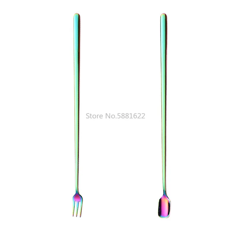 Stainless Steel Stirring Spoon with Long Handle Square Head Spoon Mini Ice Bar Gold Plated Ice Spoon Cocktail Mixing Spoon Fork