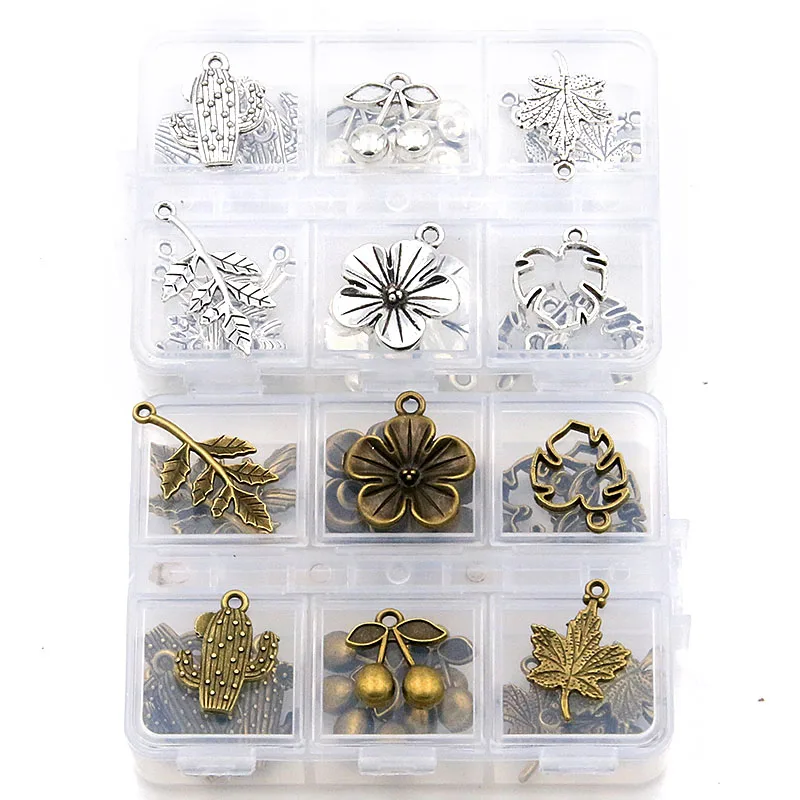

1Set 30Pcs/Lot 2Color 6Styles Leaves Flower Fruit Charm Plant Pendant With Box Material For DIY Jewelry Necklace Bracelet Making