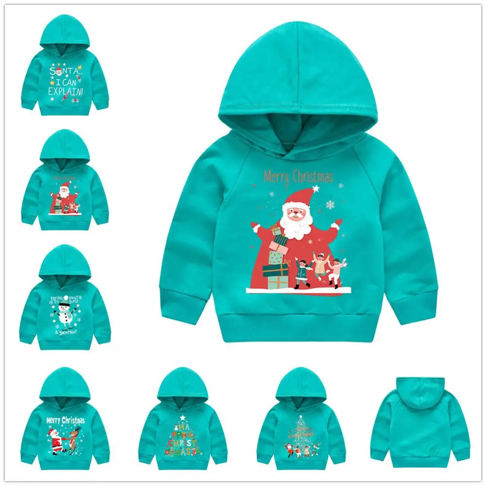 Christmas Baby Boy Sweater Hoodies Santa Claus Green Cotton Sweatshirts Children Pullover Girls Tee Shirts x'MAS Clothes Tops