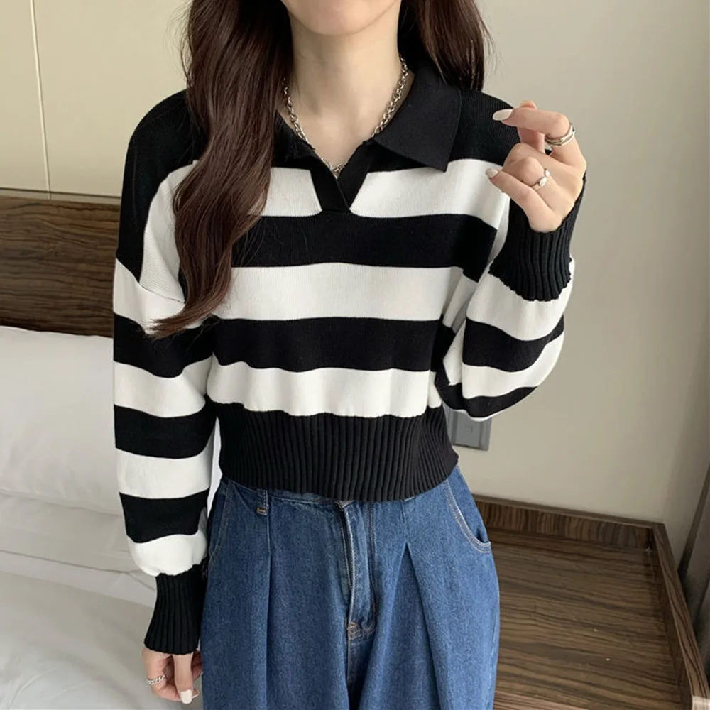 Korean Version Casual And Chic Autumn Winter Retro Lapel Knit Sweaters Women Wild Polo Collar Striped Pullover Short Tops Female