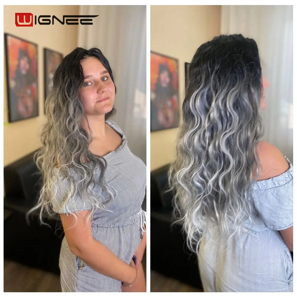 Wignee  Synthetic Hair Extension For Black Women Colorful Hair Bundles With Closure 3 Tone Ombre Color Purple/Blue/Grey Hair