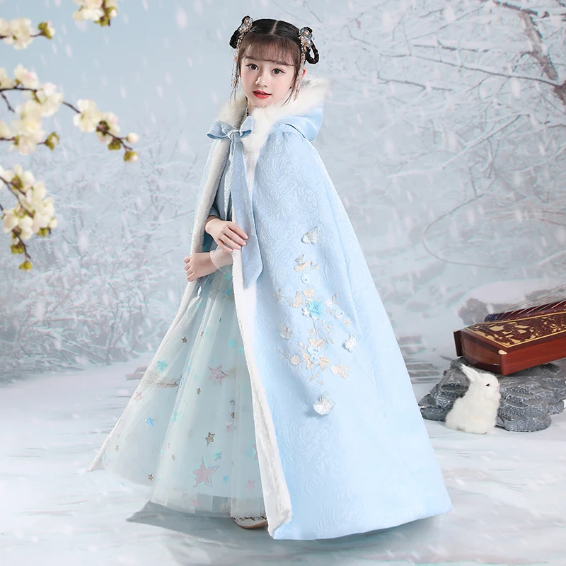 Hanfu Quilted Hooded สาว Warm Cape ฤดูหนาวเย็บปักถักร้อยใหม่ Thicken เสื้อคลุมเด็กจีนโบราณ Mantle เด็กใหม่ปีสวมใส่