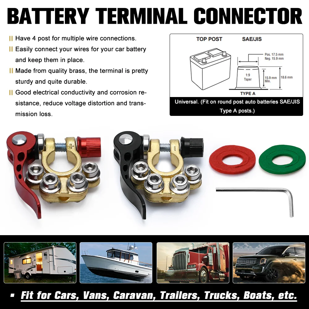 2 Pcs Toolless Quick Disconnect Battery Main Cable Post Terminal Shut-Off Connectors 12v 6v 24v Boat Race Car UTV Tractor Truck