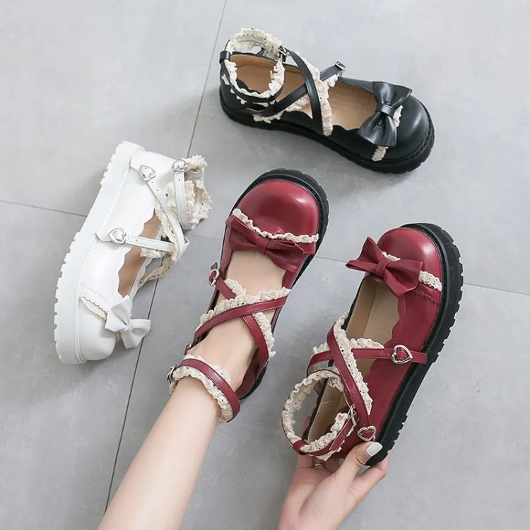 일본 메리 제인 소녀 데일리 빈티지 스위트 로리타 라운드 헤드 버클 여성 신발 레이스 업 Bowknot Kawaii 신발 Loli Cosplay