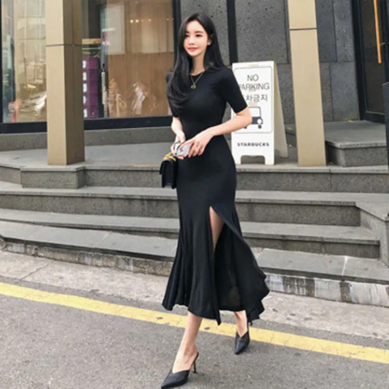 

2020 Vintage Elegant Office Dress Summer Bandage Bodycon Women Dress Black Short Sleeve O Neck Split Party Evening Dress Vestido