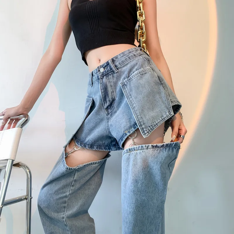 2021 Vintage High Waist Hollow Out Jeans Women Y2K Summer Shorts Blue Straight Loose Denim Pants Sexy Spring Trousers P049