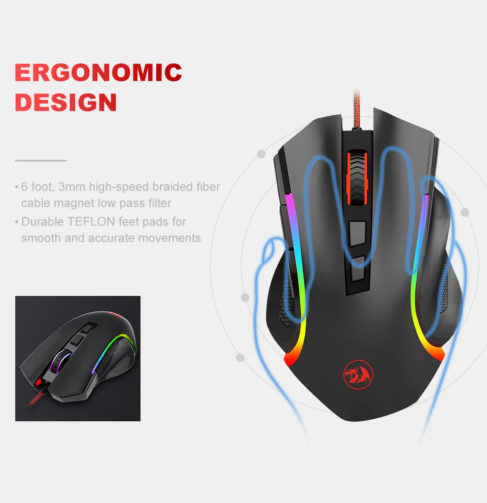 Redragon-ratón con cable para videojuegos, Mouse programable con retroiluminación RGB, 7200 DPI, M607