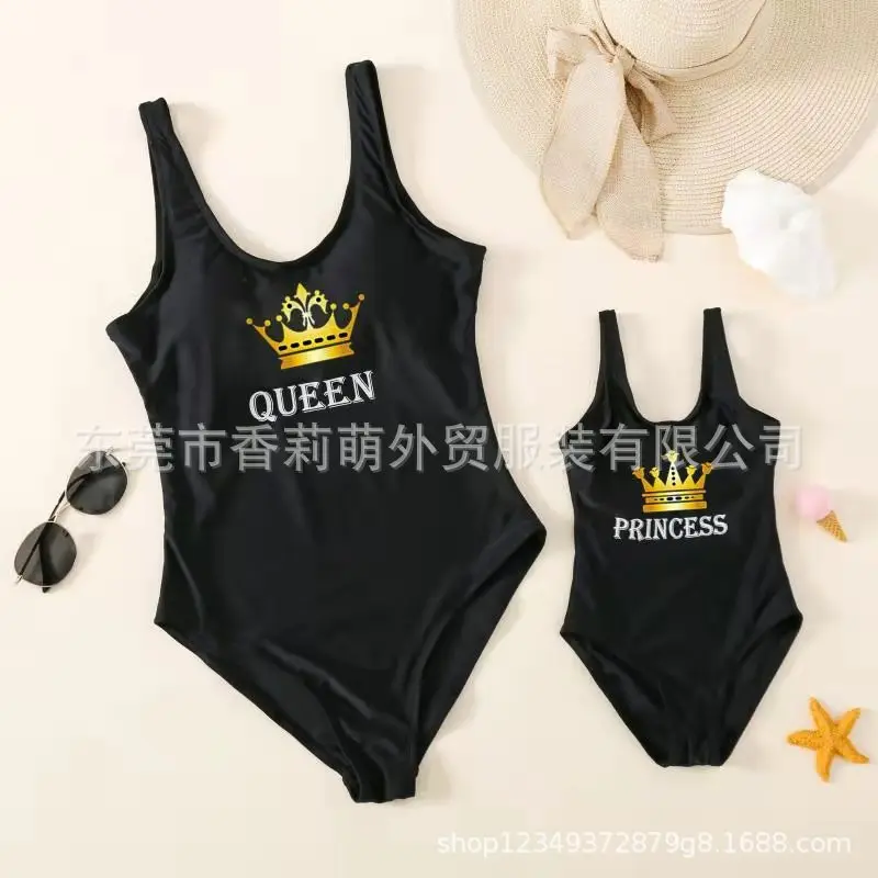 Parent Child Swimsuit European and American Mother Daughter Swimsuit Black Letter Crown Bikini Dad Boys Beach Pants matching fam