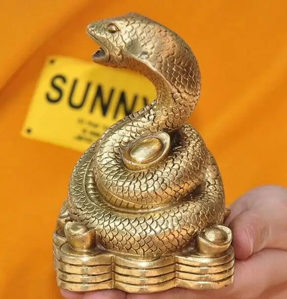 China Feng Shui brass wealth coin Zodiac animal Snake Serpent lucky statue