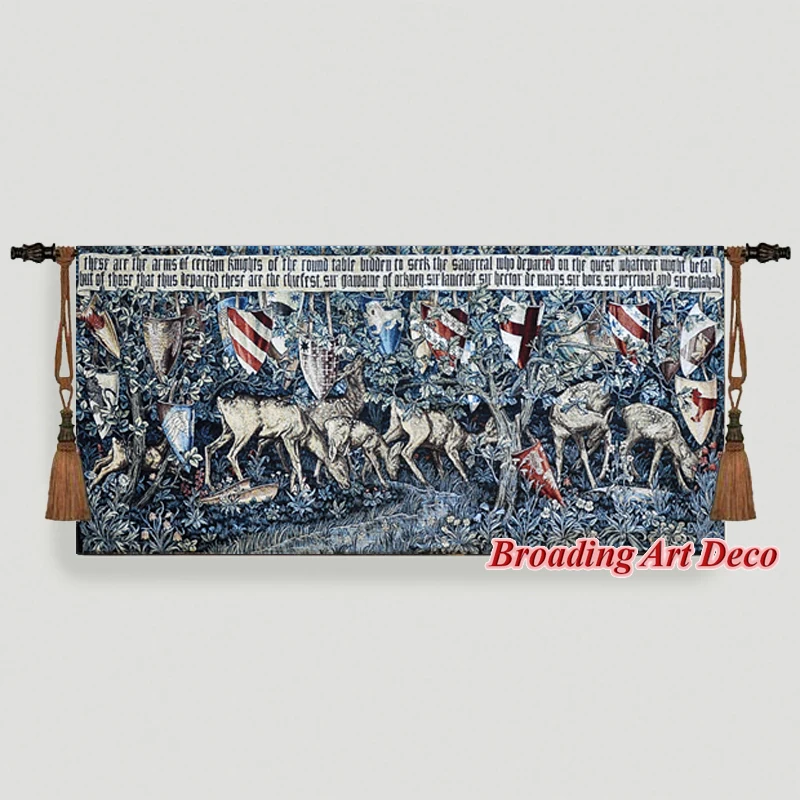 Verdure with Deer and Shields Medieval Tapestry Wall Hanging William Morris Holy Grail Tapestries Jacquard Weave 138x65cm