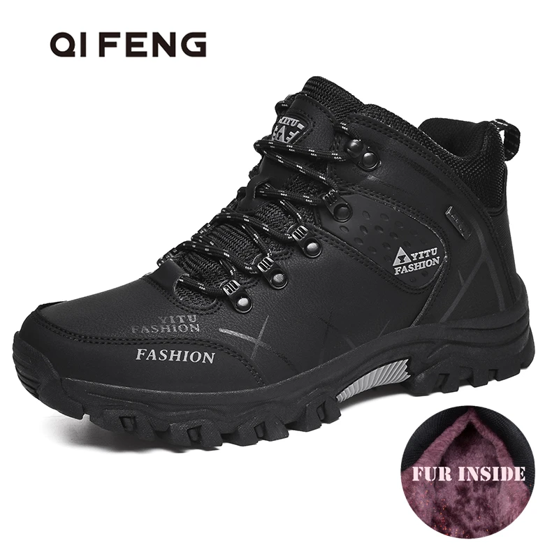 

Winter Warm Hiking Shoes Men Outdoor Leather Black Casual Shoes Fur Sneakers High Top Rubber Ankle Boots Male Snow Trekking Man