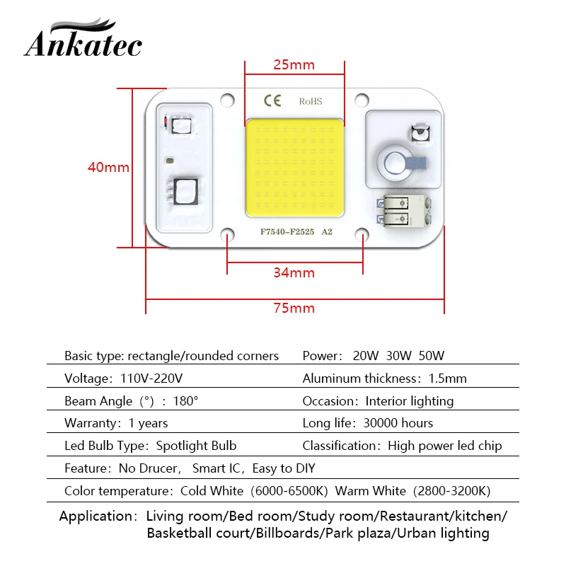 AC110V 220V No welding LED COB CHIP 20W 30W 50W cold white warm white light emitting diode LED matrix